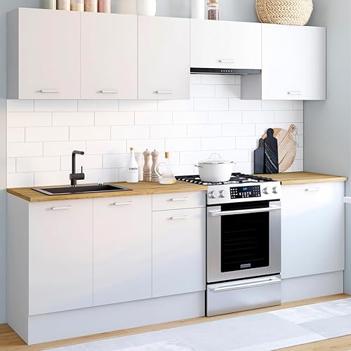 IDMarket - Cuisine complète 240 cm Subtil avec Plan de Travail 7 éléments Blanc et Plateaux Bois - Nail Gallerys