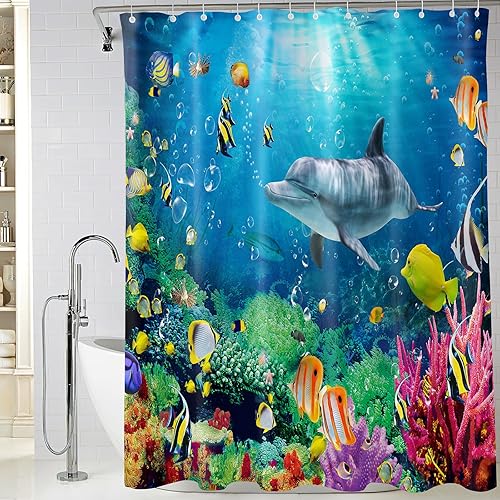 Vgzsyomqib Dauphin Rideau Douche Anti Moisissure 3D Imprimé Océan Mer Bleu Rideau de Salle Bain 180x180 Tissu Polyester Imperméable Motif Fond Marine Poisson Rideaux Baignoire Lavable - Nail Gallerys