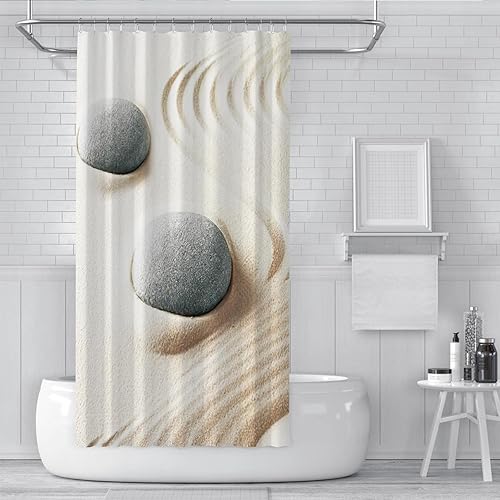 Via Vela Rideau de Douche de Plage de Sable Relaxant Minimaliste Zen Pierre de Salle de Bain Décor Rideau de Douche Installation Rideau de Bain Facile avec Crochets en Plastique 120x200 cm - Nail Gallerys