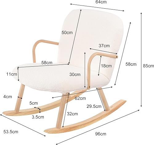 LONELYO Rocking Chair Sherpa Blanc cassé avec accoudoirs en Bois, avec Pieds en hêtre Massif, Convient pour Salon Chambre Appartement (Pas de pédales) - Nail Gallerys