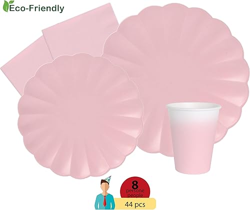 Ciao Kit Table Fête Party Flower Shape pour 8 Personnes (44 pièces: 8 Assiettes Ø23cm, 8 Assiettes Ø18cm, 8 gobelets 200ml, 20 Serviettes 33x33cm) en Papier compostable eco-Friendly, Rose Pastel - Nail Gallerys