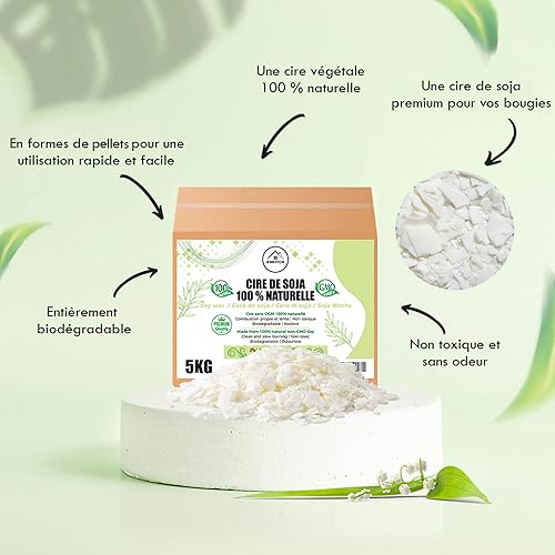 Cire de Soja 100% Naturelle - 5 KG - 50 MÈCHES+E-BOOK OFFERT- Cire Végétale et Ecologique pour la Fabrication et la création de Vos Bougies - Combustion Non Toxique - DIY - Idée Cadeau - Pétales - Nail Gallerys