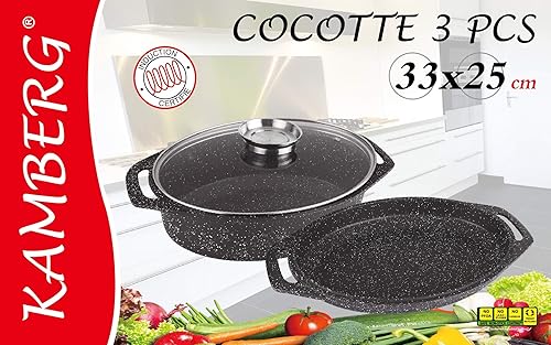 Kamberg - Cocotte plat à four 3 pièces 33.5 x 25 x 9.8 cm - Fonte d'aluminium - Revêtement pierre - Tous Feux dont Induction - Sans PFOA - 0008037 - Nail Gallerys