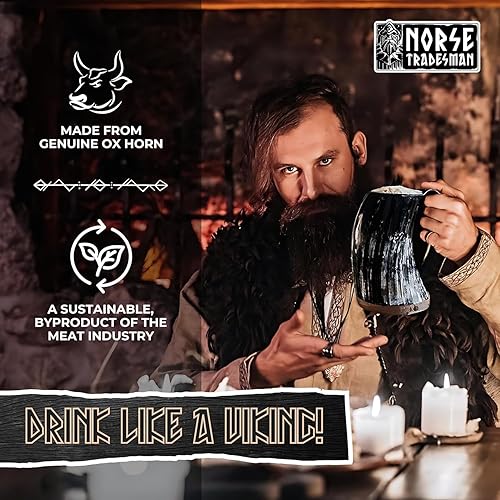 Norse Tradesman Véritable corne à boire viking Mug – 500 ml Chope à bière viking de qualité supérieure avec fond en bois dur super renforcé et gravure marteau de Thor | The Mjolnir, non poli, grand - Nail Gallerys