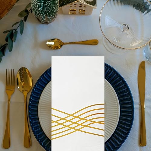 Lot de 48 serviettes en papier jetables pour dîner, mariage, blanc et doré, 40 x 33 cm - Nail Gallerys