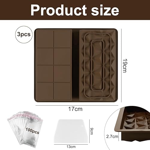 Doksvp 3 Pièces Moule Tablette Chocolat Dubai Kit, Diamant Moule Silicone Tablette de Chocolat, Double Face Moules Super Profonds, Moule Cake Bonbons, avec 1 Scraper+100 Sac, pour Chocolat - Nail Gallerys