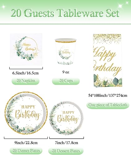 TOPWAYS Sauge Vert Anniversaire Assiette Jetable Decoration, Eucalyptus Papier Assiette Jetable Gobelets Serviette Nappe pour Fête Anniversaire Fille Garçon Femmes Homme Party Decoration(20 Invités) - Nail Gallerys