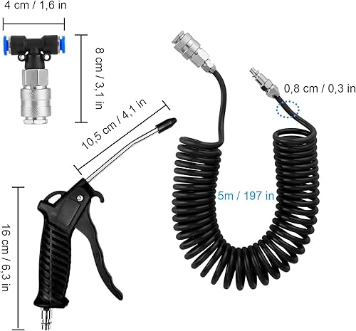 Soufflette à Air Comprimé, Kit de Nettoyage de Pistolet à Air Avec Tuyau en Spirale de 5 m, Pistolet à Air Comprimé Avec Raccord rapide en T, pour Camion, Voiture, Voiture, Bateau (Noir) - Nail Gallerys