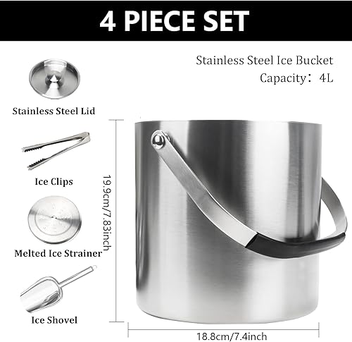 Minnhua 4L Seau a Glacon Seau a Champagne Sceaux à Glace Et Rafraîchisseur Double Paroi Seau à Glaçons Isotherme En Acier Inoxydable Avec Couvercle Pince Pelle et Passoire pour Champagne vin Bière - Nail Gallerys