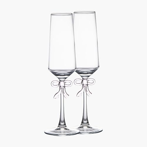 Lot de 2 verres à champagne exquis avec nœud rose élégant, élégance moderne, convient aux femmes, hommes, mariages, cadeaux d'anniversaire, Noël, anniversaire, cris - Nail Gallerys