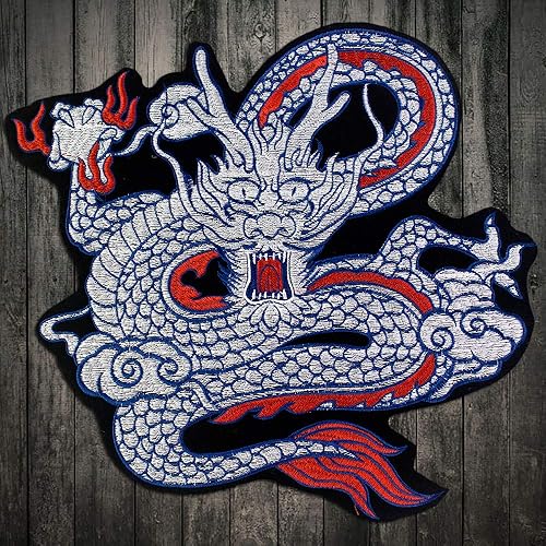 Écusson brodé à repasser motif dragon chinois rouge et bleu fait à la main pour vêtements et accessoires de couture - Nail Gallerys