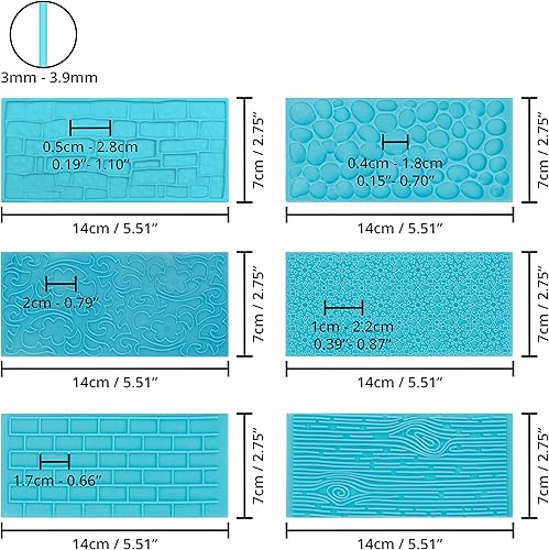 Kurtzy Embosseur Pate a Sucre pour Gâteaux au Chocolat (Lot de 6) - Imprimés Briques, Bois, Floral, Pavé et Cailloux - Tapis Relief Patisserie 3D pour Bonbons, Déco, Gelées & Pâtisseries Faites Maison - Nail Gallerys