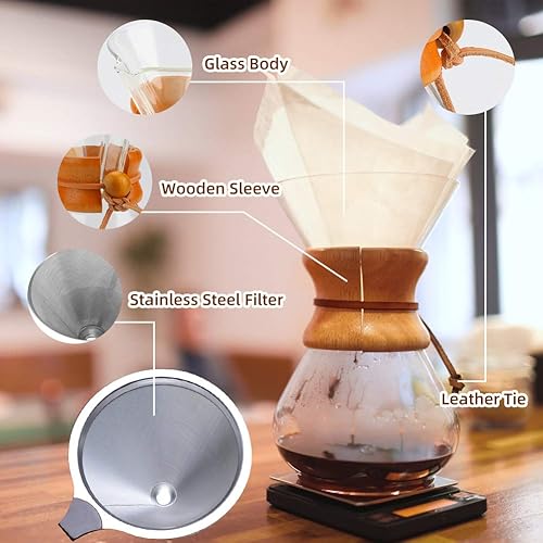 Bestcool Machine à café, 400 ML Infuseur à café Manuel avec Filtre en Acier Inoxydable Carafe en Verre Borosilicate avec Manchon en Bois véritable, Pas Besoin de filtres en Papier - Nail Gallerys