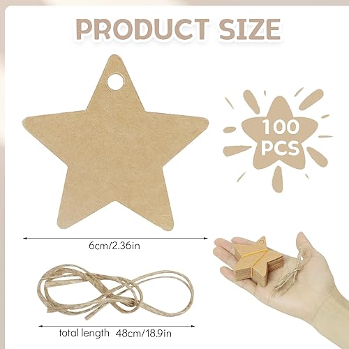 100PCS Etiquettes Cadeau en Papier Kraft, Étiquette Étoile à Cinq Branches 6x6cm, Etiquette Kraft Marron, Étiquettes Décoratives Avec 100PCS 22cm Ficelle de Jute, Étiquettes Cadeaux - Nail Gallerys