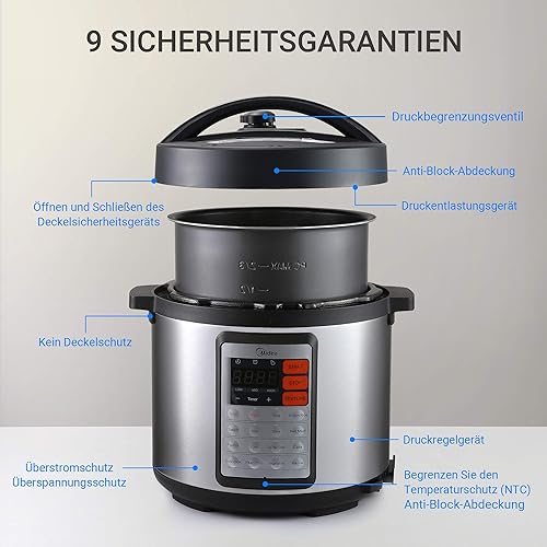 Midea Autocuiseur électrique 14 en 1 de 5,5 l 1000 W, pression de vapeur électrique, cuiseur à riz, autocuiseur à vapeur, mijoteuse, en acier inoxydable - Nail Gallerys