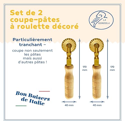 La Gondola Lot de 2 Roulettes Coupe-Pâtes - 2 Roues Décoré | Outils de Préparation des Pâtes | Laiton & Bois Naturel Roulettes Découpe | Sûr et Facile | Roulettes à Ravioli Fabriqué en Italie - Nail Gallerys