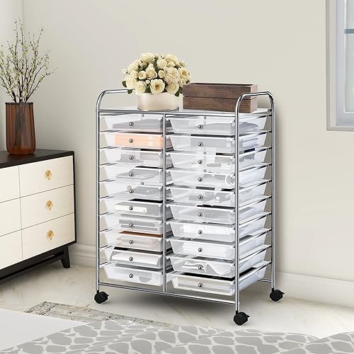 GOPLUS Chariot de Rangement 20 Tiroirs, Tour de Rangement à roulettes, Cadre en Acier, pour Chambre, Bureau, 64 x 38 x 87 CM, Transparent - Nail Gallerys