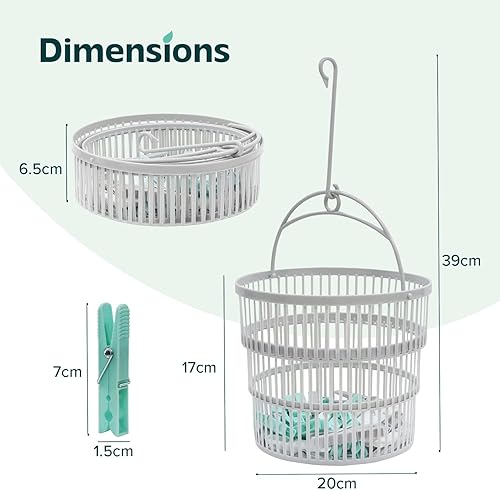 Panier à pinces à linge avec 50 pinces à linge pour corde à linge – Seau pliable en plastique avec cintre et crochet de suspension – Construction solide et durable avec taille spacieuse - Nail Gallerys