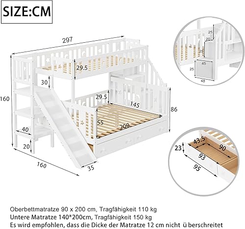Seyakany Lit Enfant 90x200/140x200 cm, lit superposé en Bois Massif avec Toboggan et étagère avec marches de sécurité, Deux Grands tiroirs et sommier à Lattes, Blanc - Nail Gallerys