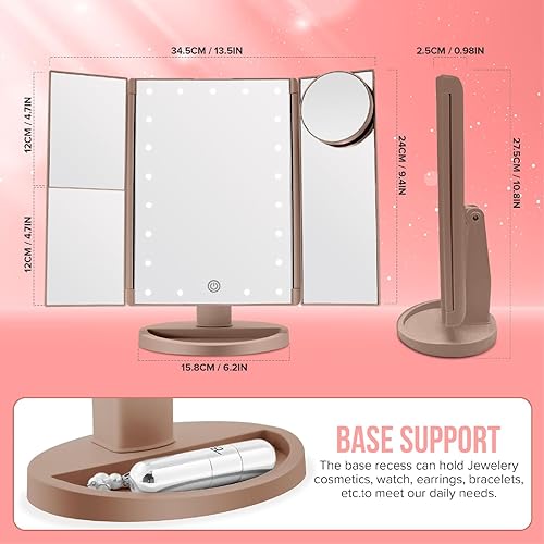 PORTENTUM Miroir Maquillage, Miroir Grossissant Triptyque avec 21pcs LED, Miroir Lumineux 2X, 3X, 10X avec Ecran Tactile, Alimentation Double et 180 º - Nail Gallerys