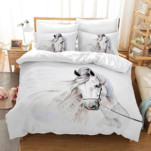 LLTTEER Housse de Couette pour Chevaux Impression 3D,Parure de lit pour Animaux Enfants 3 pièces,Housse de Couette Microfibre avec Fermeture éclair,pour garçons, Adolescents (Cheval 01, 135 x 200 cm) - Nail Gallerys