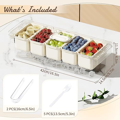 Fangoo Serveur de Condiments Rangement avec Couvercl 5 Compartiments Amovibles Conteneur 5 fourchetts et 2 pincese Plateau de service avec plats amovibles pour accessoires de bar, fruits, salade - Nail Gallerys