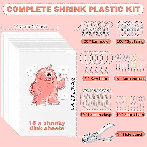 HIMOMO 171 Pièces Plastique fou Porte clé,Shrinkies Keyring Set for Kids,contient 15 pièces A5 (20x14.5cm) de Papier d'art Rétractable, Perforateur,Crochet d'oreille,Broches et porte-clés pour DIY - Nail Gallerys
