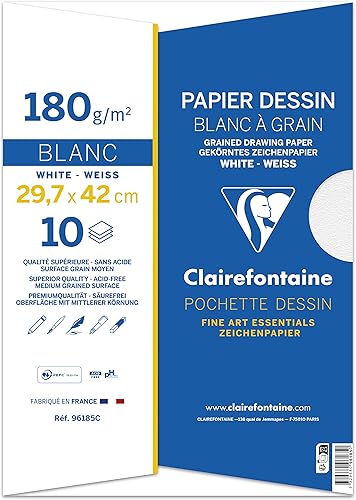 Clairefontaine 96185C - Pochette Dessin Scolaire - 10 Feuilles Papier Dessin Blanc à Grain - A3 29,7x42 cm 180g - Idéal pour les Arts Plastiques (Lot de 3) - Nail Gallerys