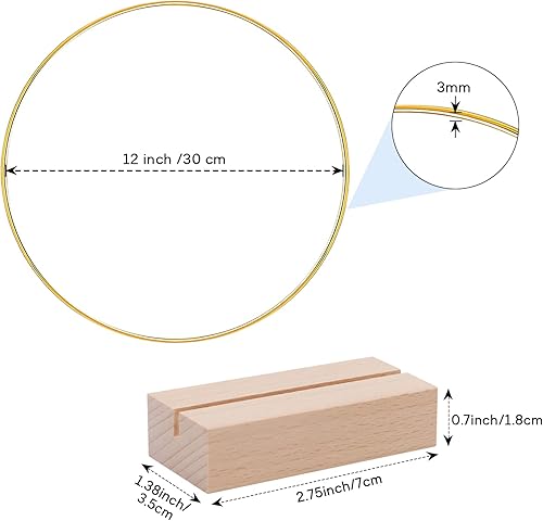10Pcs Cercle en Métal Doré de 30cm, avec Supports de Carte de Table en Bois, Anneau Métal avec Socle en Bois, Créoles en Or Macramé Forme Couronne pour Mariage DIY Décoration Attrape-rêves - Nail Gallerys