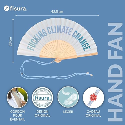 Fisura – Éventail en bois moderne avec message “fucking climate change”. Accessoire coloré et tendance, ventilateur de poche bleu avec crochet inclus. Taille : 42,5 x 23 cm - Nail Gallerys