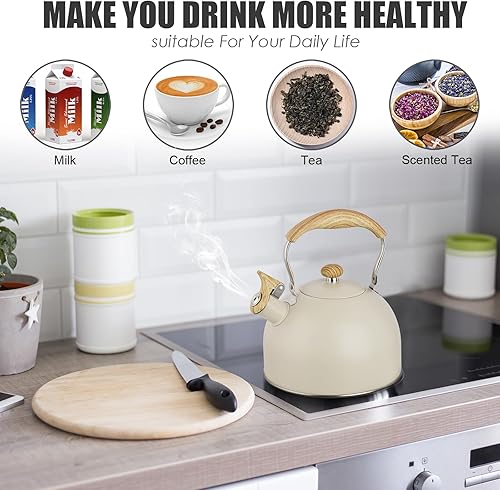 Bouilloire sifflante en acier inoxydable de 2,5 L avec poignée en grain de bois, théière pour plaques à gaz, induction, cuisinière et plaques électriques (beige) - Nail Gallerys