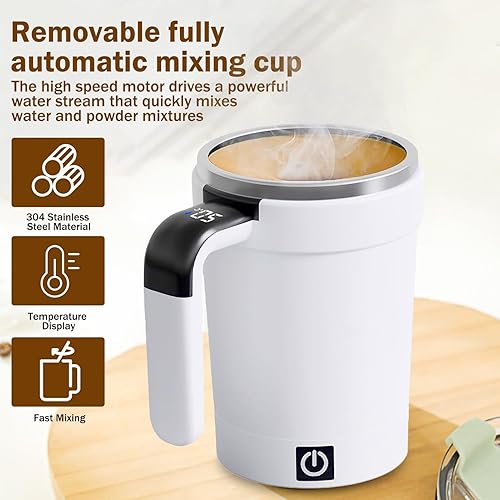 Mug Auto Mélangeur, 380 ml Magnétique Tasse Melange Automatique Étanche avec Affichage LCD de Température, USB Tasse Cafe à Agitation Automatique en Acier Inoxydable avec Base Détachable et Paille - Nail Gallerys