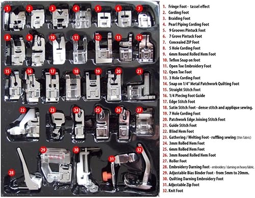 Cleana Arts® Lot de 32 pieds presseurs pour machine à coudre domestique Brother, Singer, Toyota - Nail Gallerys