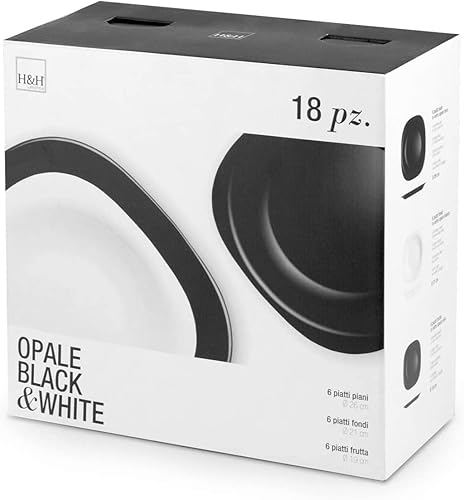 H&H - Service de vaisselle 18 pièces, Black&White, Décorations de Table, Service pour 6 Personnes, Verre Opale Trempé, Carré, Couleur Blanc et Noir, Moderne - Nail Gallerys