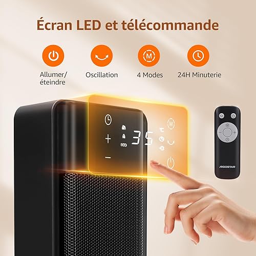 Aigostar Chauffage Electrique sur pied, Chauffage Céramique PTC 2000W, 4 Niveaux de Chauffage,Oscillation 70°, Portable,Écran Numérique et Télécommande, Noir -Sunniva - Nail Gallerys