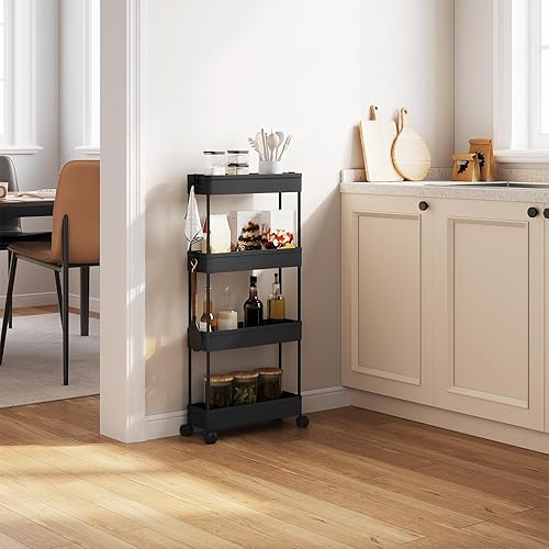 Klihome Chariot de Rangement à roulettes, Chariot de Cuisine 4 Niveaux, Desserte à roulettes, Chariot d'Appoint avec 4 Crochets, pour Cuisine Salle de Bain, en Plastique et Métal, Noir - Nail Gallerys