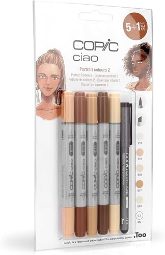 Copic Ciao 5+1 Set « Portrait Colours 2 », 5 Twin Marker avec une pointe moyenne et une pointe Brush, incl. Multiliner Black 0,3 mm - Nail Gallerys