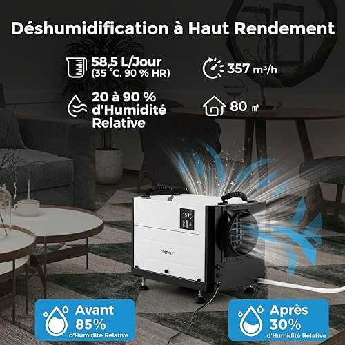 COSTWAY Déshumidificateur Professionnel, Déshumidificateur Industriel avec 3 Modes Minuterie de 24 H Tuyau de Vidange et Dégivrage Automatique, pour Entrepôt Sous-sol (58,5 L/Jour,Noir) - Nail Gallerys