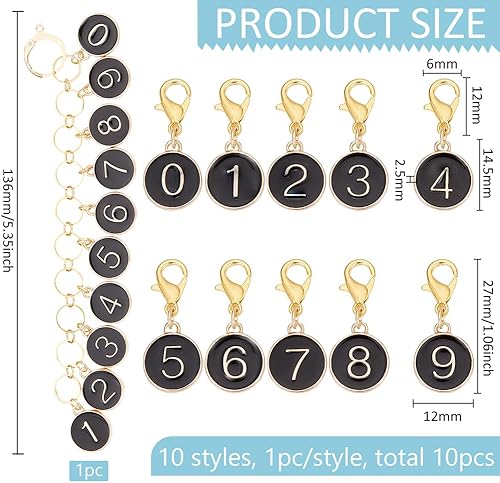BENECREAT 11 Pcs Breloques de Marqueur de Point de Numéro, Chaînes de Comptoir en Alliage D'Émail Noir, 0~9 rangée de Tricot, Breloque de Point de Verrouillage avec Fermoirs à Homard pour le Tricot - Nail Gallerys