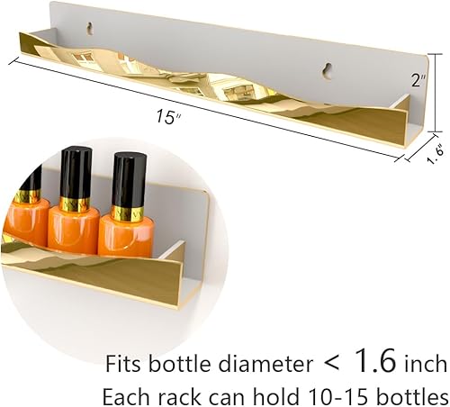 YMVV Lot de 6 étagères murales pour vernis à ongles – 38,1 cm – Finition miroir dorée – Rangement pour produits de maquillage et produits de beauté – Présentoir multifonction pour petit espace - Nail Gallerys