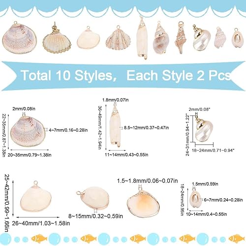SUNNYCLUE 1 boîte de 20 pièces 10 styles de Breloques en Forme de Coquillage en Vrac, Plaquées Or, Conque Blanche Naturelle, Cauris, Océan, Plage, Breloques pour la Fabrication de Bijoux, Breloques po - Nail Gallerys