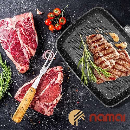 NAMAI - Poele Grill, Poele Manche Amovible et Pliant, 36CM x 24CM, Poele en Pierre, Lavable au Lave-Vaisselle, Aluminium Moulé, Poele a Griller, Poele Anti Adhesive, Poele Tout Feux - Nail Gallerys