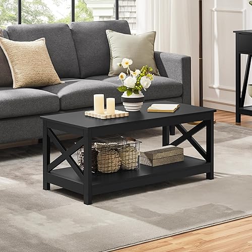 Yaheetech Table Basse de Salon en Bois Moderne Pied X avec 1 Étagère de Rangement Ouvert Meuble de Salon Bureau Chambre Noir 100 x 50 x 45 cm - Nail Gallerys
