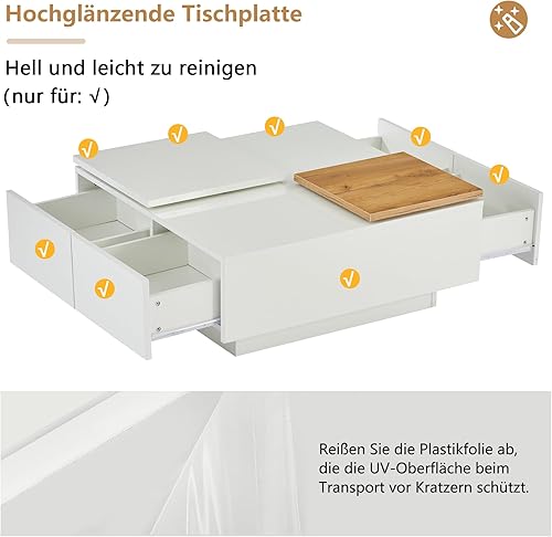 LULUWA Table basse carrée moderne - Couleur bois blanc brillant - Avec surface de rangement - Petit plateau coulissant - Charge maximale : 30 kg - 75 x 75 x 33,5 cm - Blanc - Nail Gallerys