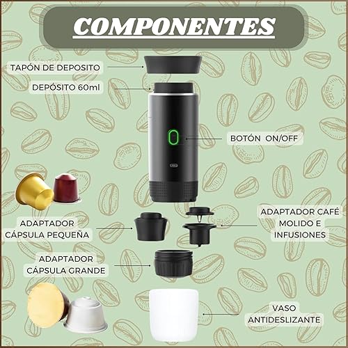 Astur Group Cafetière portable, multicapsules et moulu, machine à café, capsules portable, chauffe-eau, batterie rechargeable USB, idéal pour les voyages, le camping et le bureau (argent) - Nail Gallerys