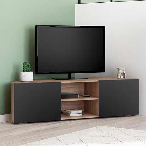 IDMarket - Meuble TV 110 cm d'angle ELI Bois façon hêtre Portes Noires - Nail Gallerys