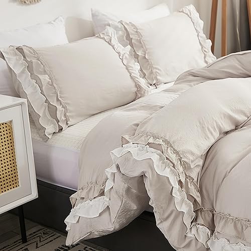 GETIYA Parure de lit de luxe à volants 220 x 240 cm, 3 pièces, exquise blanche et beige à volants, parure de lit pour femme et homme, en microfibre douce, décoration pour lit double, housse de couette - Nail Gallerys