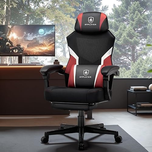 GTPLAYER Chaise de gaming avec repose-pieds - Chaise de bureau ergonomique avec dossier en maille - Chaise de bureau en tissu pour la maison et le bureau - Rouge - Nail Gallerys