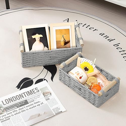 Yheenlf Boîte de Rangement, 2er Set Paniers Tressés, Petit Panier avec Poignée pour Salon, Chambre et Salle de Bain, Décor Maison, 30x20x12cm/25x15x10cm, Blanc - Nail Gallerys