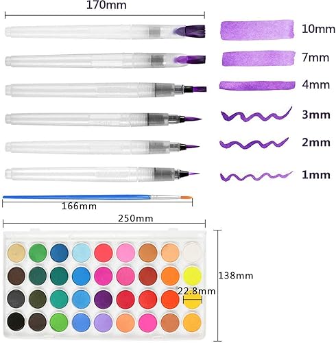 FOCCTS Set de Peinture Aquarelle 36 Couleurs 7pcs Peinture Brosse à L'eau Comprenant 6 Pinceaux Rechargeables avec Embouts Assortis + Palette de Peintre Amovible pour Amateurs et Artistes - Nail Gallerys